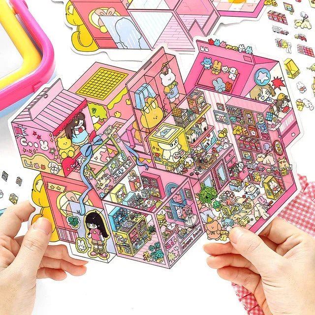 Colorful cozy room scene sticker sheet with cute animal characters and miniature furniture