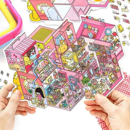 Colorful cozy room scene sticker sheet with cute animal characters and miniature furniture