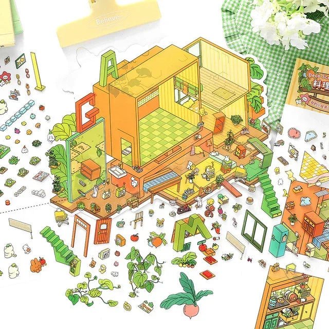 colorful cozy room miniature scene sticker sheet with plants, furniture, and kitchen details