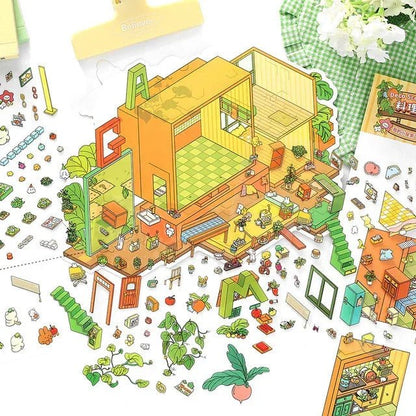 colorful cozy room miniature scene sticker sheet with plants, furniture, and kitchen details