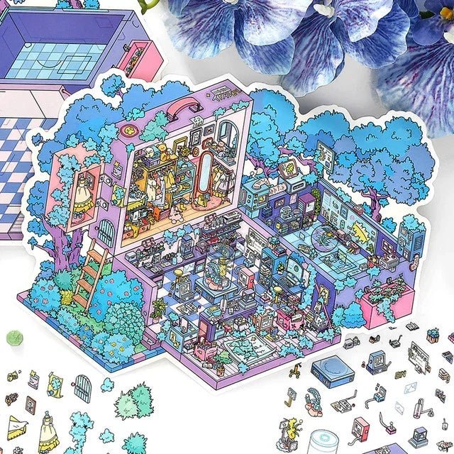 Colorful sticker sheet of a cozy miniature room with trees, bookshelves, and kitchen details