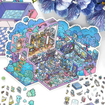 Colorful sticker sheet of a cozy miniature room with trees, bookshelves, and kitchen details