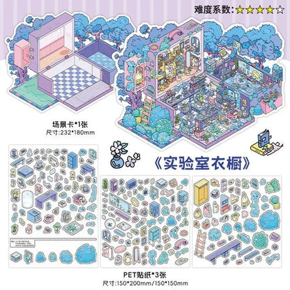 Cozy miniature room scene sticker set with pastel furniture, plants, and decor pieces for journaling.