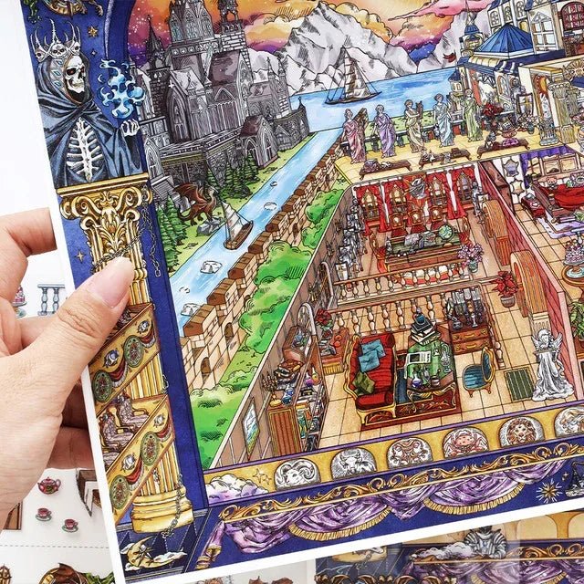 Detailed fantasy scene sticker with cozy room, castle, river, mountains, and mystical figures.