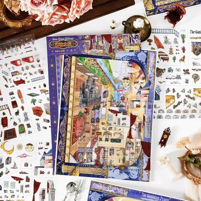 Fantasy-themed scene stickers and miniatures displayed for journaling and scrapbooking