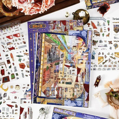Fantasy-themed scene stickers and miniatures displayed for journaling and scrapbooking