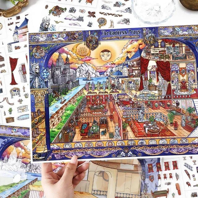 Hand holding a colorful fantasy scene sticker sheet with castle, river, and ornate room details