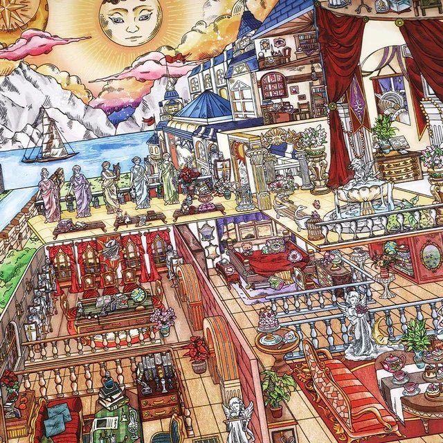 Intricate illustrated cozy room with vintage decor, statues, plants, and a sunlit seaside view