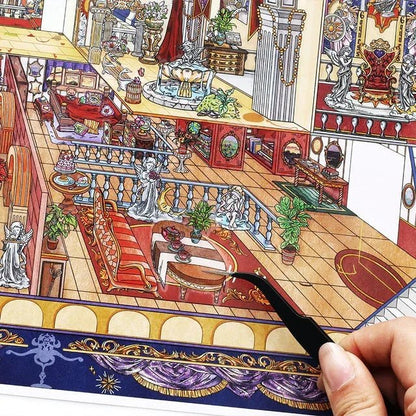 Hand placing scene sticker in intricate cozy miniature room with vintage decor and plants