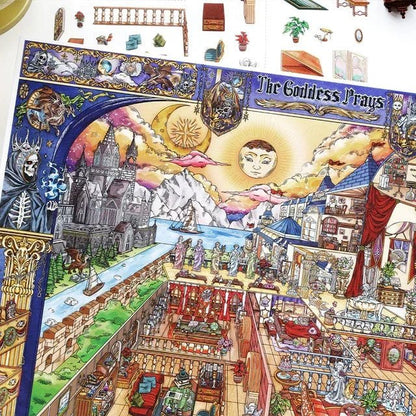 Fantasy oracle realm scene sticker sheet with castle, sun, mountains, and detailed cozy rooms.