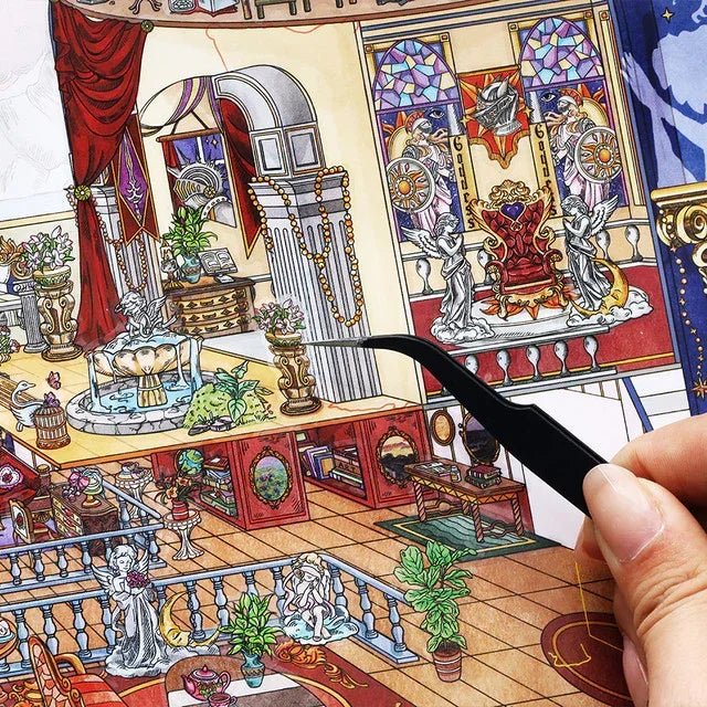 Hand placing a detailed oracle-themed scene sticker in a cozy, ornate miniature room setting.