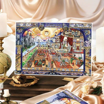 Colorful fantasy oracle room sticker sheet featuring intricate miniature scenes, candles, and decor.