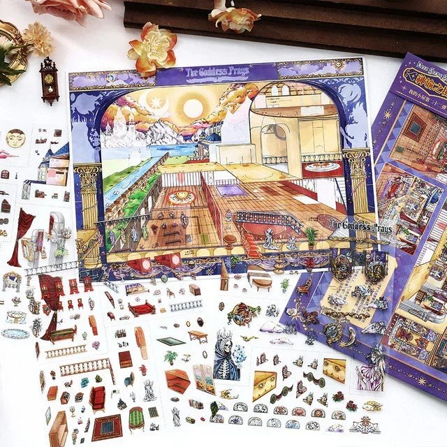 Miniature fantasy room scene sticker set with illustrated backgrounds and decorative pieces for journaling and scrapbooking.