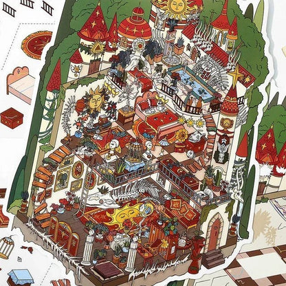 Colorful miniature sticker of a whimsical teddy bear castle with cozy rooms and fantasy decor