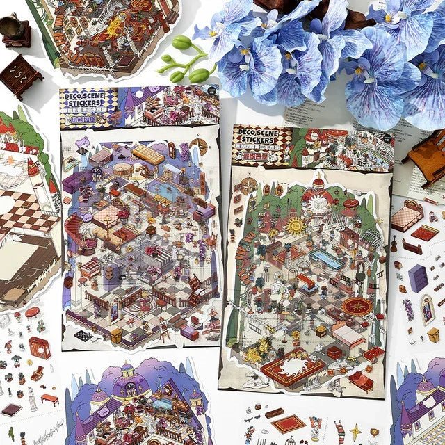 Cute mini scene stickers featuring whimsical castle and cozy room designs, perfect for journaling.
