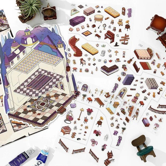 Miniature castle scene sticker set with furniture, teddy bear characters, and cozy decor pieces.
