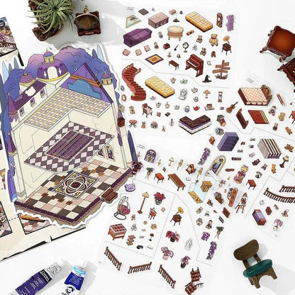 Miniature castle scene sticker set with furniture, teddy bear characters, and cozy decor pieces.