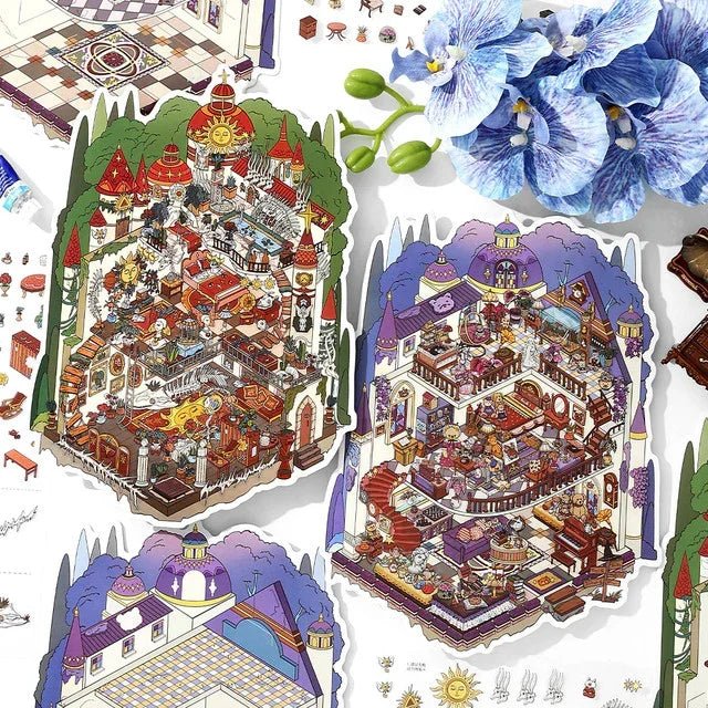 Colorful cozy room scene stickers with teddy bear castle designs, perfect for journaling or scrapbooking.
