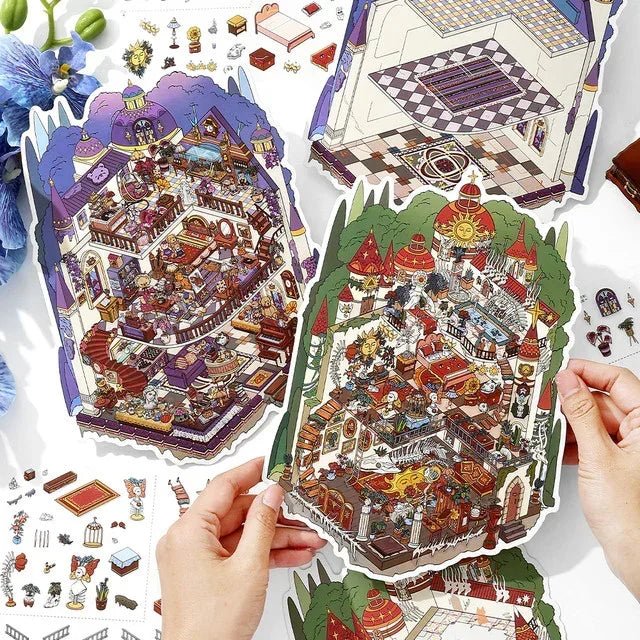 Colorful miniature castle room stickers with intricate fantasy details, perfect for journaling