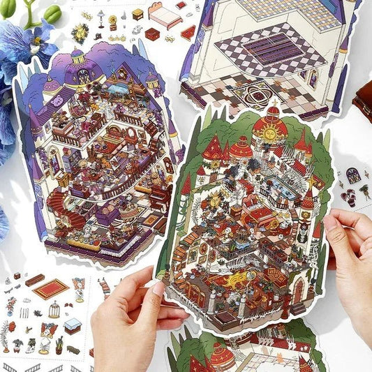 Colorful miniature castle room stickers with intricate fantasy details, perfect for journaling