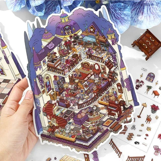 Colorful teddy bear castle miniature sticker sheet with cozy rooms and detailed furniture.