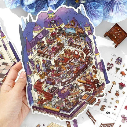 Colorful teddy bear castle miniature sticker sheet with cozy rooms and detailed furniture.