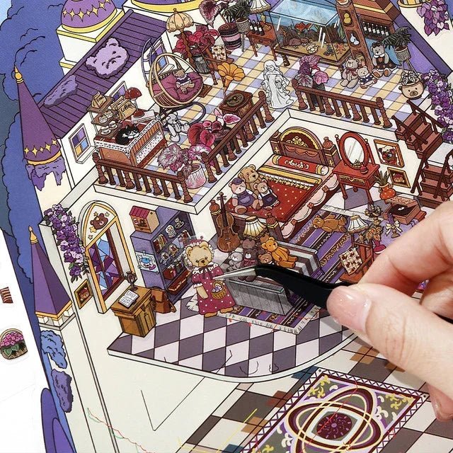 Hand placing scene sticker in cozy miniature teddy bear castle room, detailed decor and furniture.