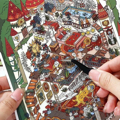 Hand placing a sticker on a detailed whimsical castle room scene with teddy bears, cozy beds, and plants.
