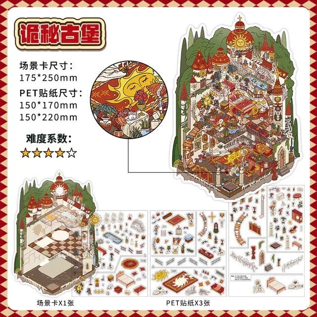 Miniature teddy bear castle scene sticker set with whimsical castle, palace rooms, and detailed accessories.