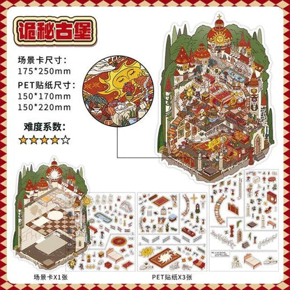 Miniature teddy bear castle scene sticker set with whimsical castle, palace rooms, and detailed accessories.