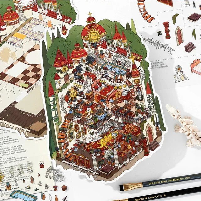 Colorful castle scene sticker with cute teddy bears and fantasy miniature interiors on desk