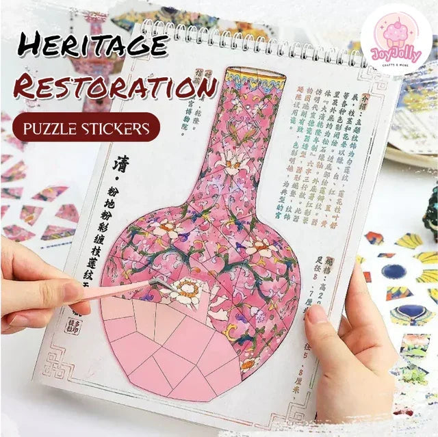 Hands assembling heritage restoration puzzle stickers featuring a floral vase design