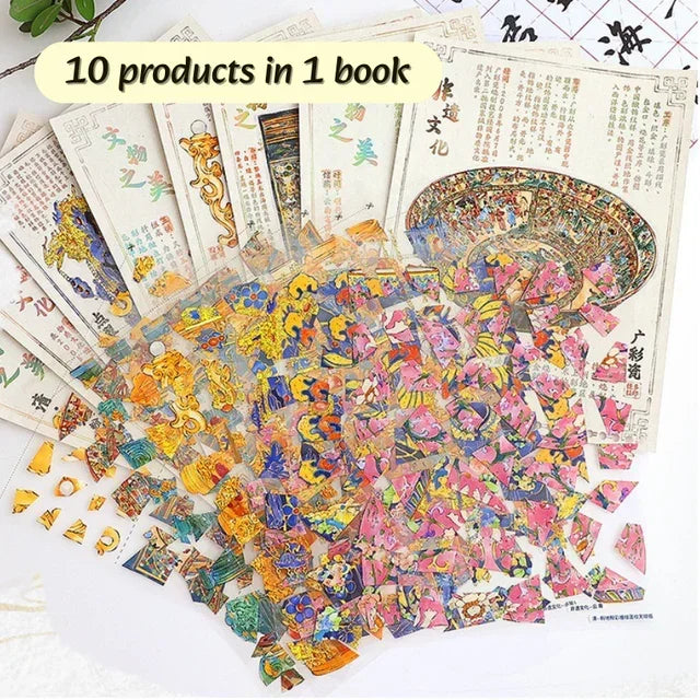 Colorful cultural relics restoration stickers and illustrated sheets for journaling or scrapbooking.