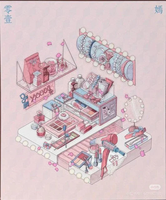 pastel illustration of a vanity table with makeup, skincare, hairbrush, and accessories