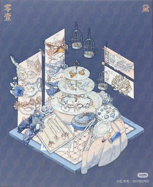 Whimsical illustrated scene with jewelry, feathers, and birds on a tiered dessert stand.
