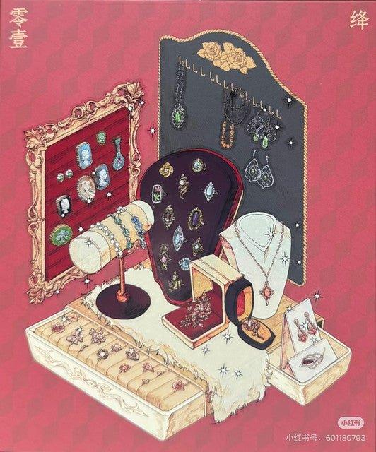 Sticker sheet featuring illustrated jewelry display with necklaces, rings, and ornate cameo brooches
