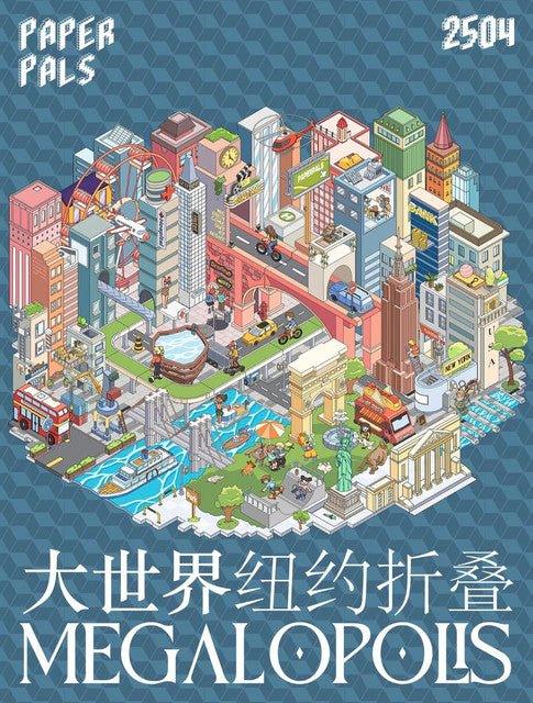 Colorful isometric cityscape sticker sheet with New York and Beijing landmarks, playful miniature design