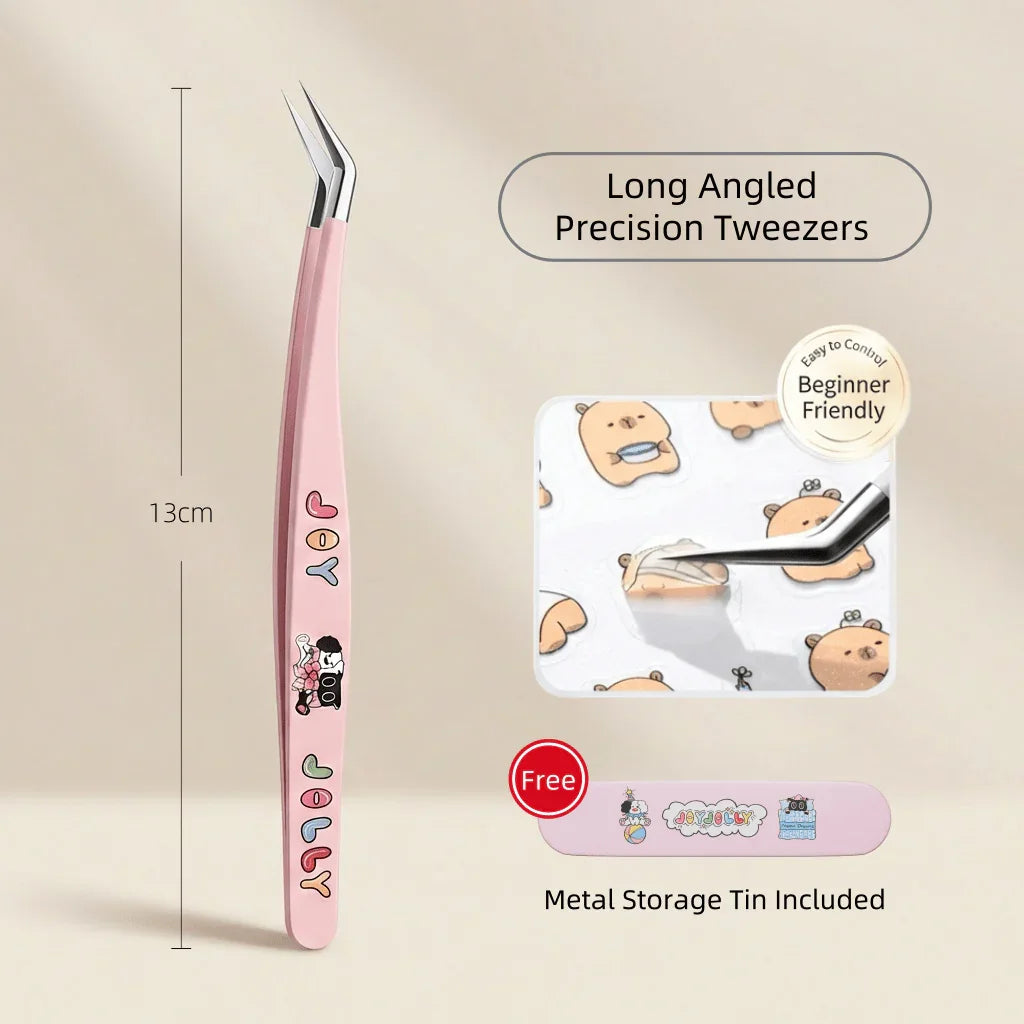 Long angled precision tweezers with pink handle, cute cartoon design, 13cm length, beginner friendly, metal storage tin included.