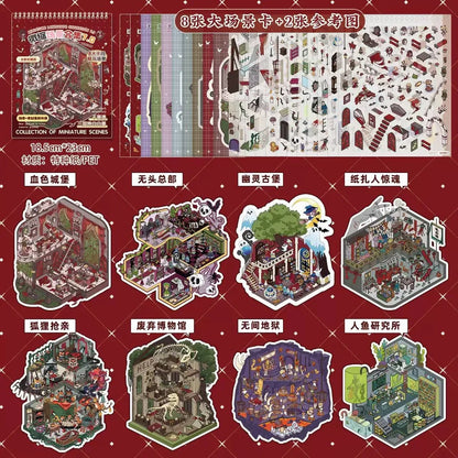 Miniature scene stickers set featuring detailed, spooky town and haunted house designs, ideal for journaling and scrapbooking.