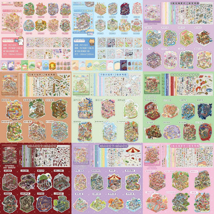 Colorful collage of cute town-themed scene stickers for journaling and scrapbooking.