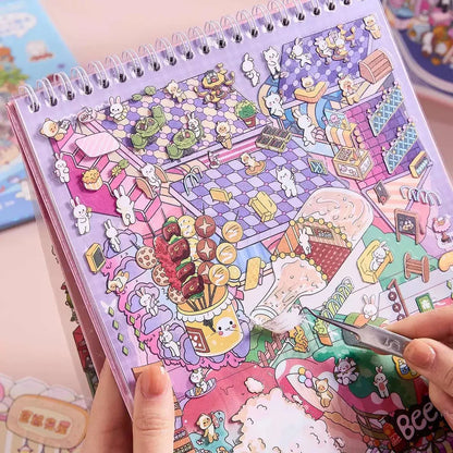 Cute animal scene stickers arranged on a pastel spiral notebook, perfect for journaling crafts.