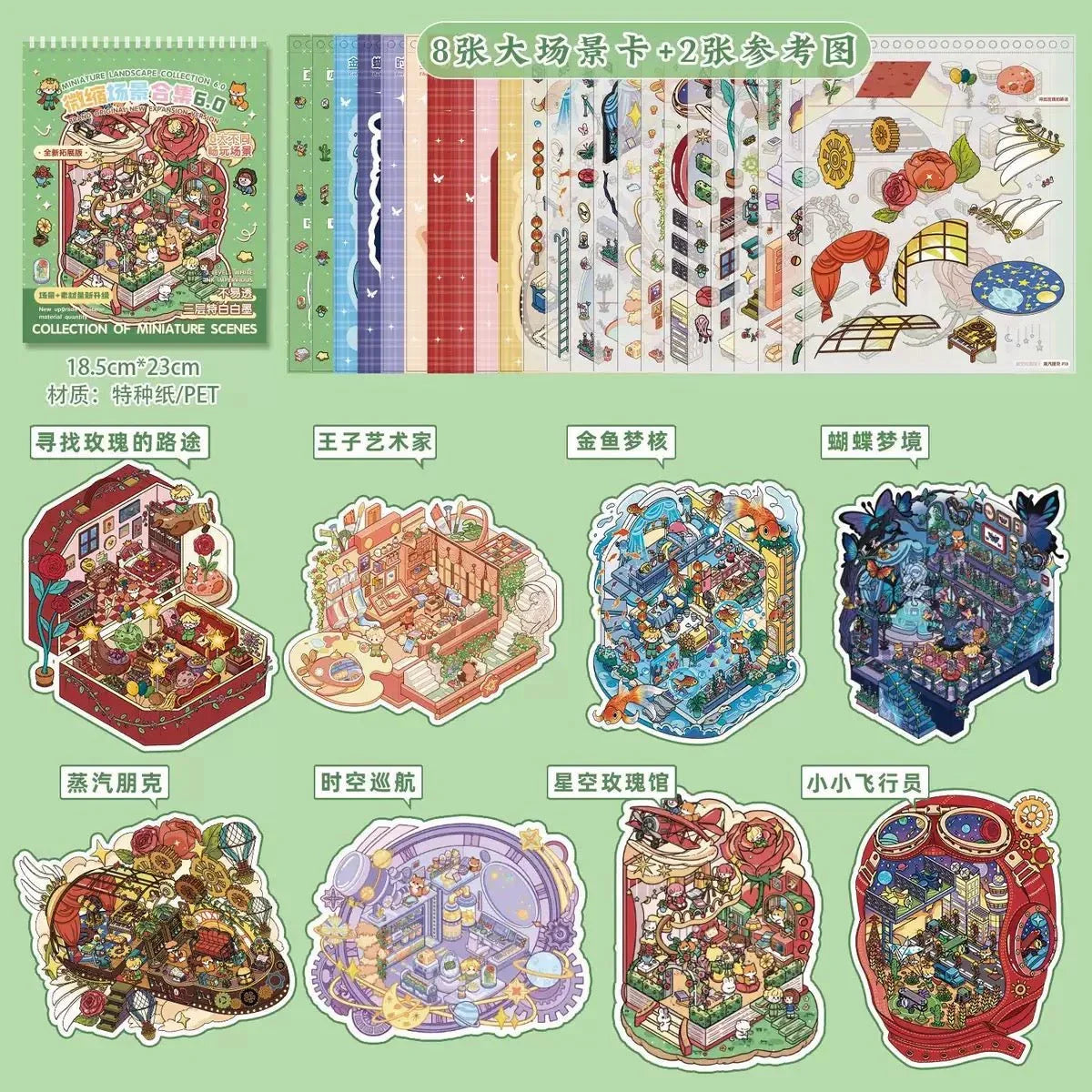 Miniature scene sticker set with whimsical town, cozy rooms, steampunk, and fantasy designs.