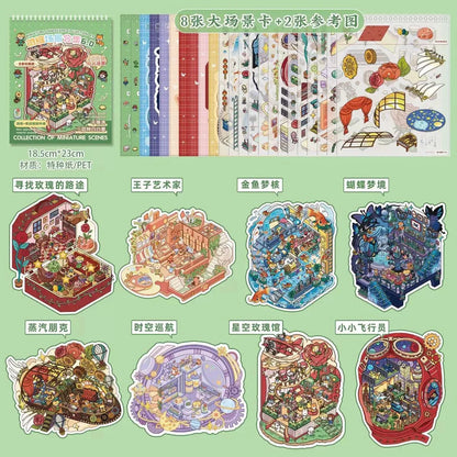 Miniature scene sticker set with whimsical town, cozy rooms, steampunk, and fantasy designs.