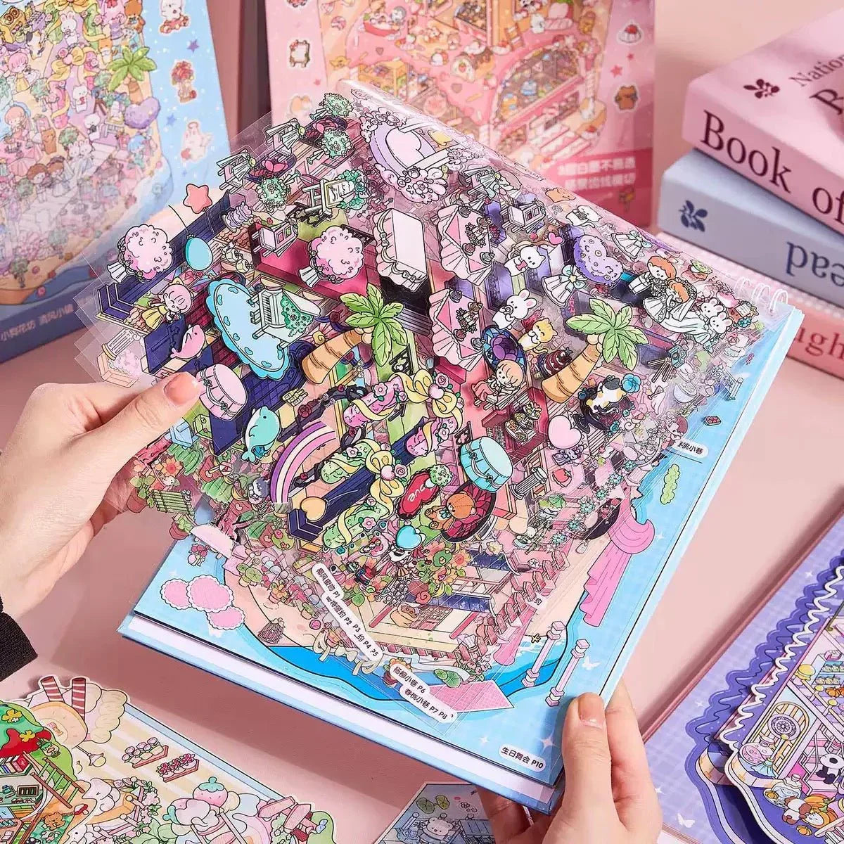 Cute town-themed scene stickers with colorful characters and miniatures for journaling or scrapbooking