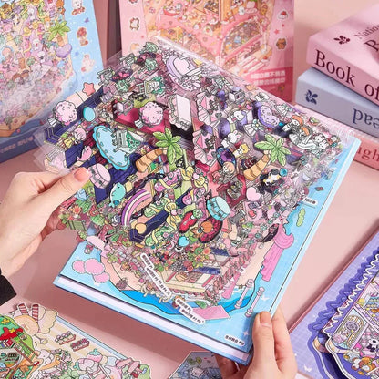 Cute town-themed scene stickers with colorful characters and miniatures for journaling or scrapbooking