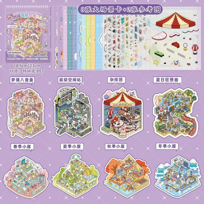 Colorful miniature town scene stickers featuring houses, circus tent, and seasonal rooms.