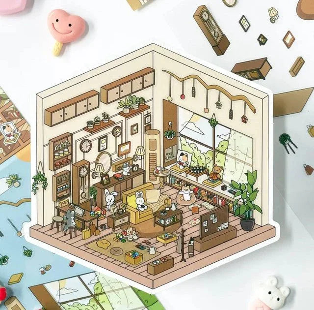 Cute miniature animal cozy living room sticker with books, plants, and playful decor.