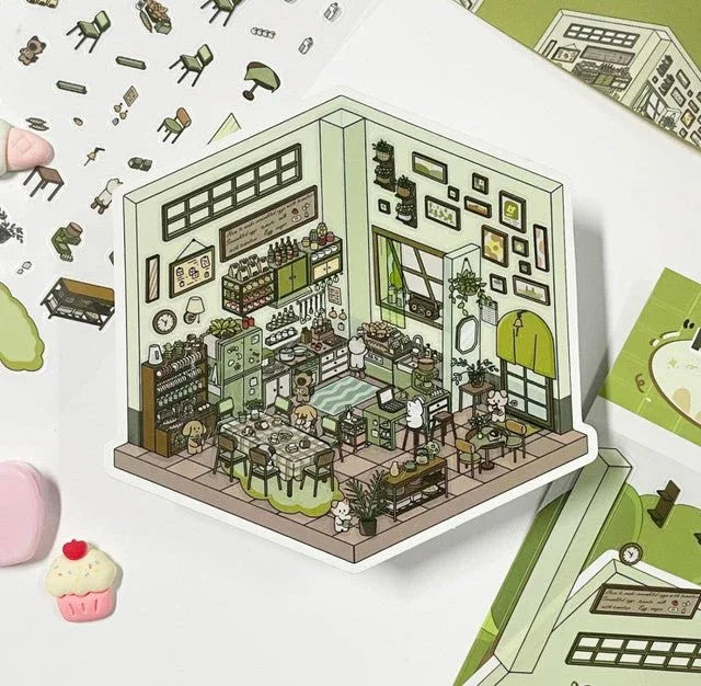Cute mini scene sticker of a cozy kitchen and dining room with animal characters and plants