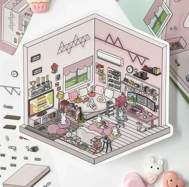 Cute pastel sticker of a cozy gaming living room with sofa, consoles, and cartoon animals
