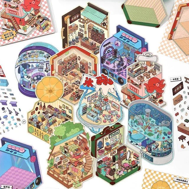 Colorful miniature city scene stickers featuring tiny shops, cafes, and aquarium for journaling.